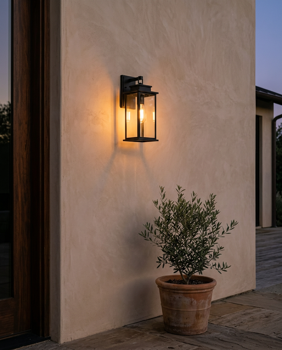 14.6in matte black outdoor wall light mounted on a limewashed plaster exterior wall at dusk