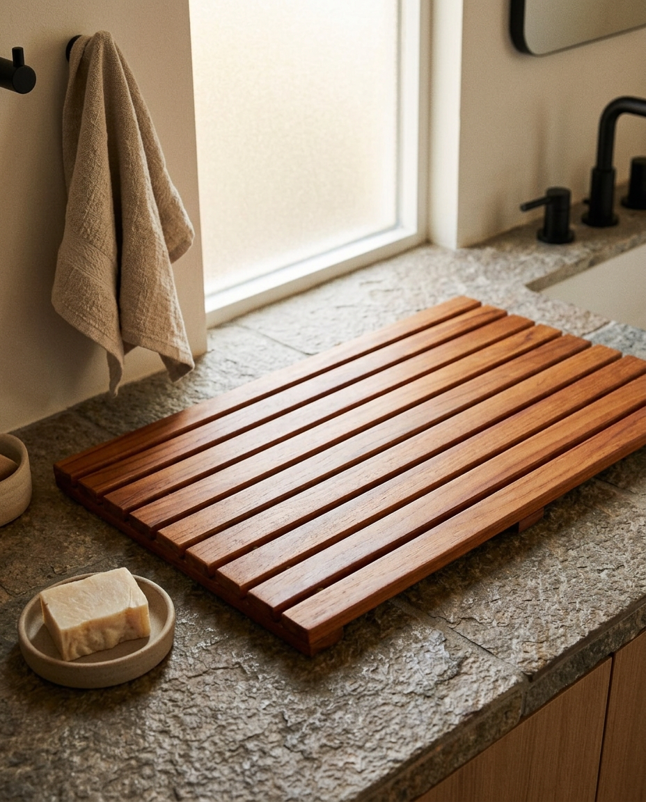 19.6in Teak Bathroom Accessory | Modern Natural Stone and Teak Bath Set For Bathroom, Shower and Spa