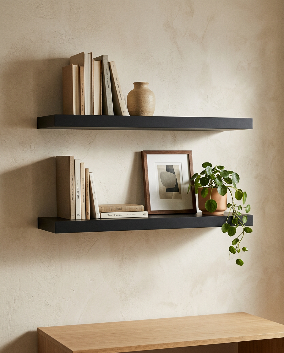 Black Invisible Bracket Floating Wall Shelf | Modern Minimalist Wall Mounted Shelf For Living Room, Bedroom and Bathroom