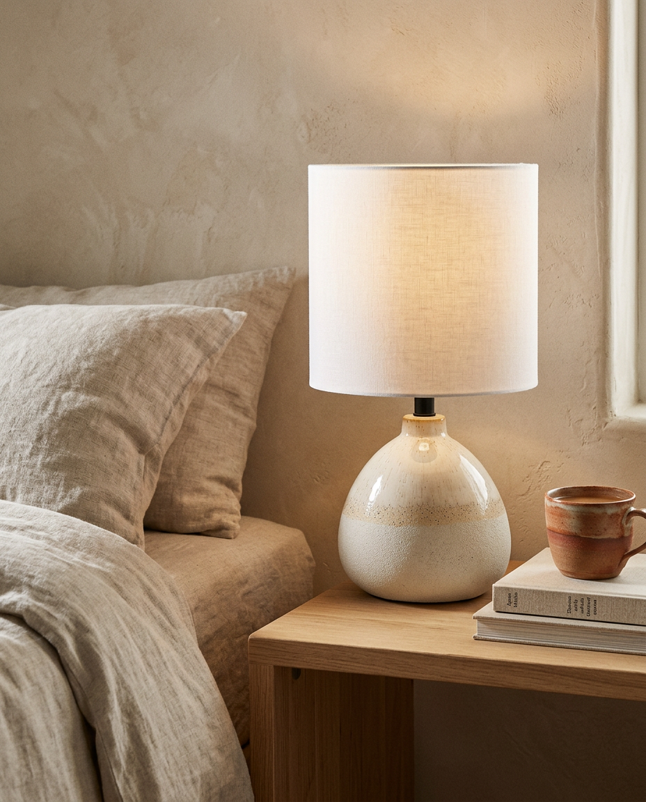 13.7in Ceramic Table Lamp | Modern Linen Shade Bedside Lamp