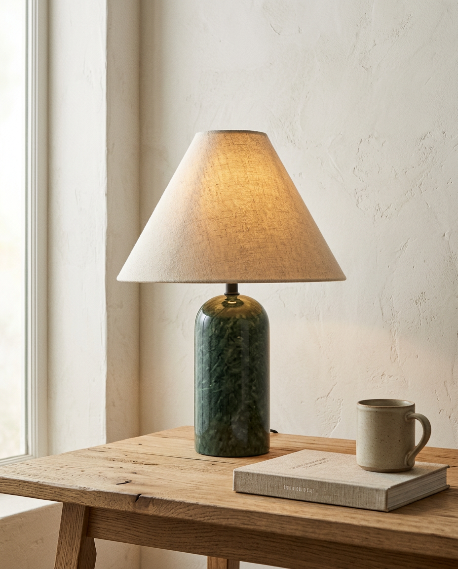 Marble Table Lamp | Modern Linen Shade Bedside Lamp
