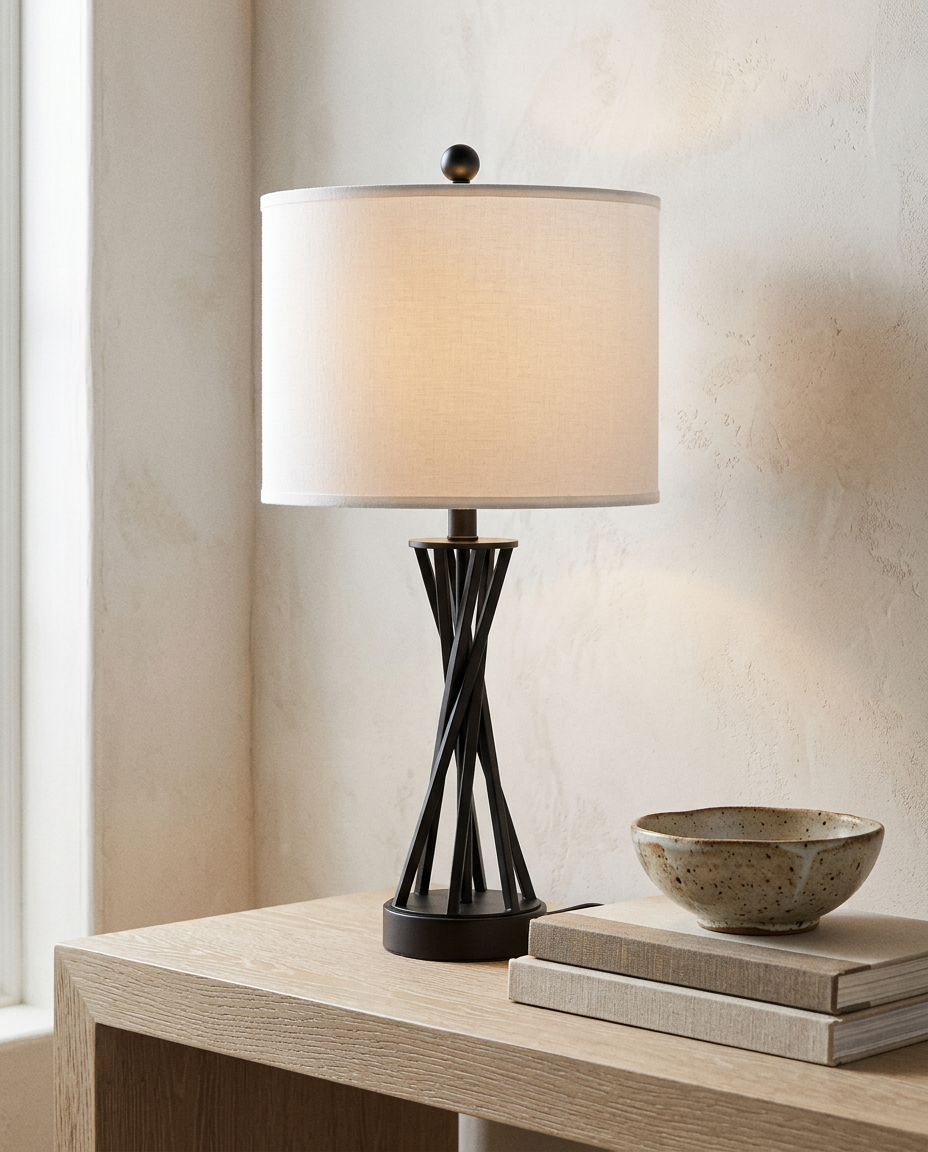 24in Black Warm Light Table Lamp | Modern Linen Shade Bedside Lamp