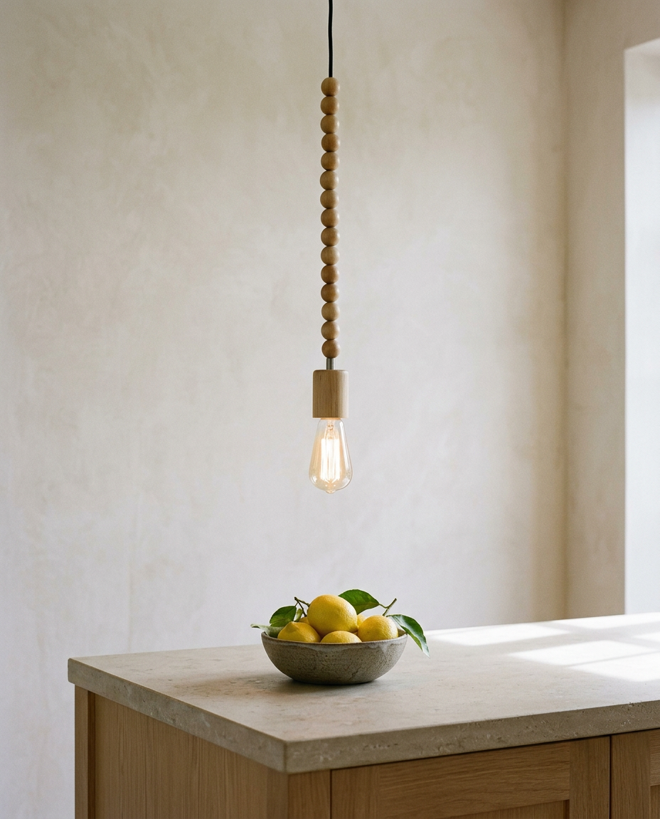 Geometric Bead Oak Pendant Light | Modern Nordic Ceiling Light For Kitchen Island, Dining Room and Hallway