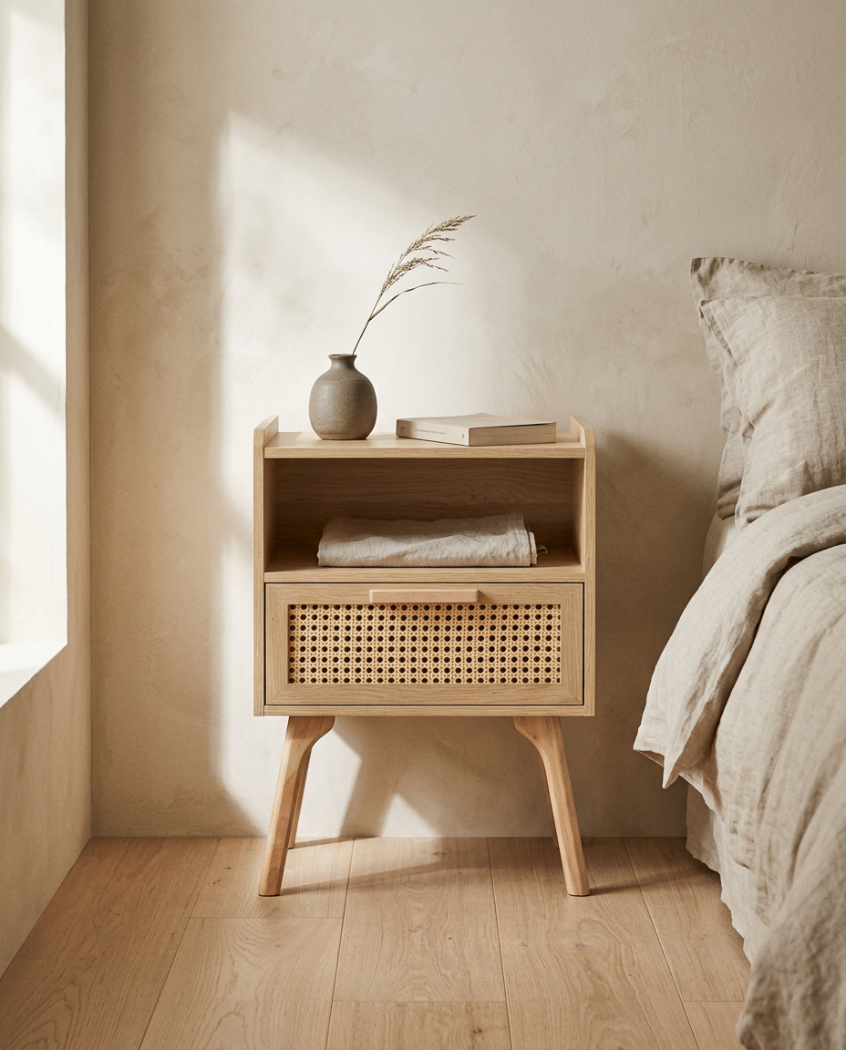 Boho Drawer Solid Wood Rattan Nightstand | Modern Nordic Bedside Table For Living Room and Bedroom
