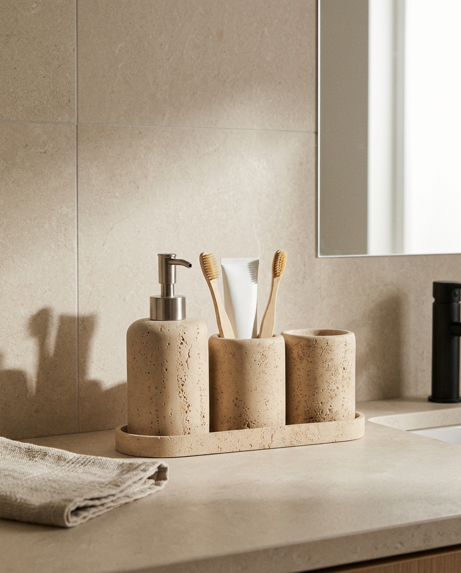 Travertine Stone Bathroom Set | Modern Vanity Accessory Set For Bathroom, Shower and Spa