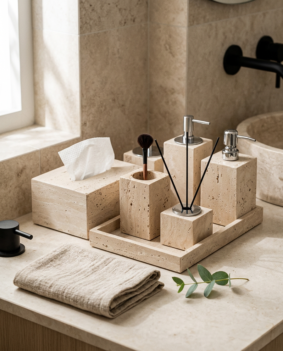 Beige Quick Drying Stone Bathroom Set styled in a modern home interior