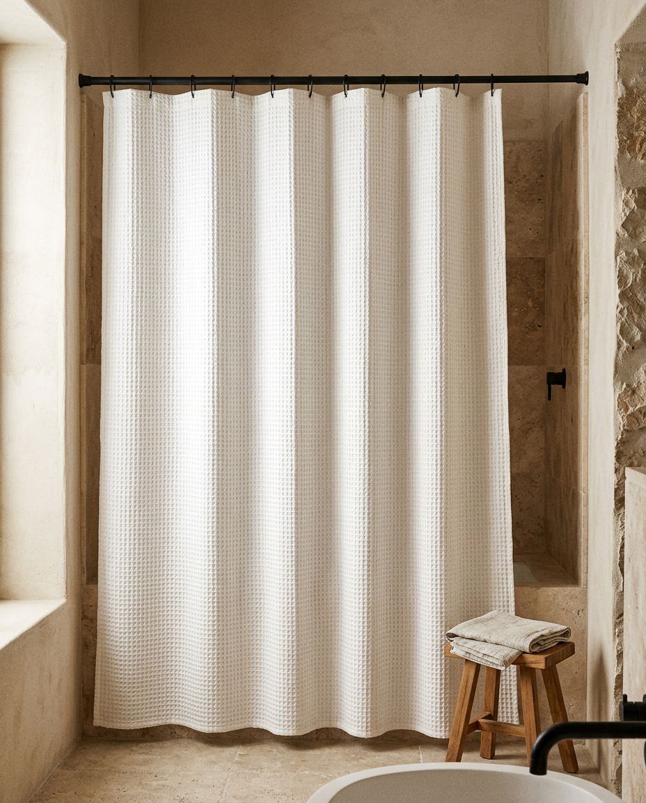 White Quick Drying Waffle Shower Curtain styled in a modern home interior