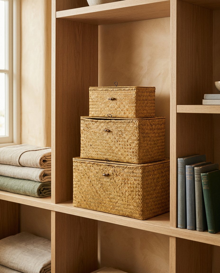 Straw Lid Large Capacity Woven Storage Basket styled in a modern home interior