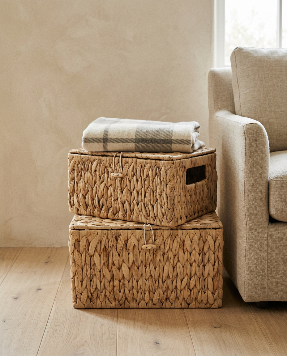 Rectangular Straw Large Capacity Woven Storage Basket styled in a modern home interior