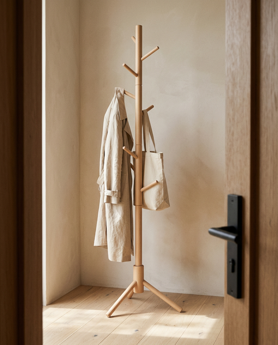 Hooks Solid Wood Wooden Coat Rack styled in a modern home interior