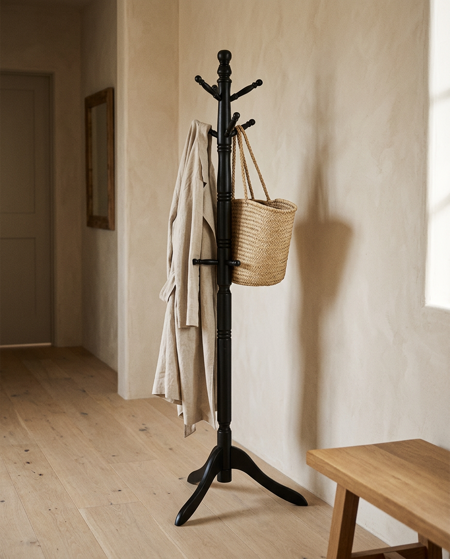 Solid Wood Matte Black Wall Hooks styled in a modern home interior