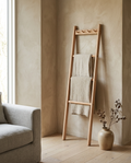 Beechwood Hand Woven Wooden Blanket Ladder styled in a modern home interior