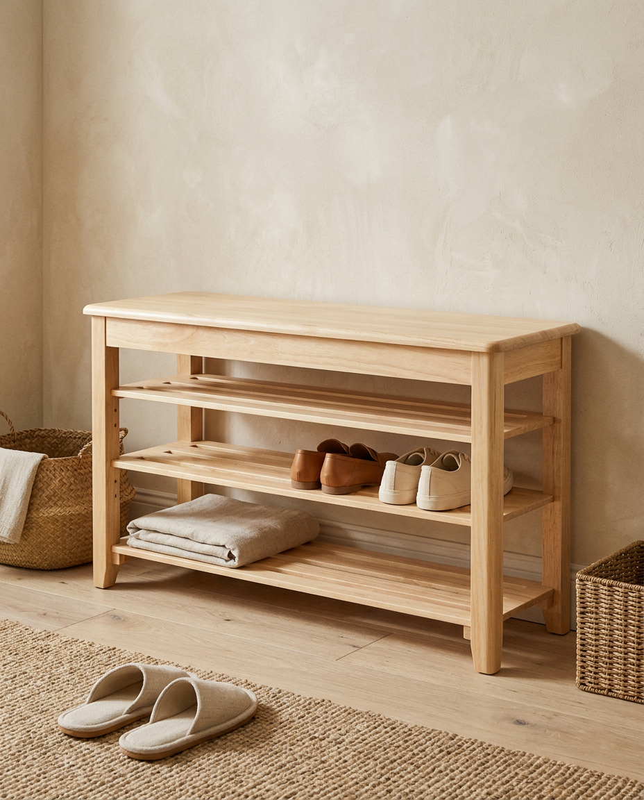 Rubber Tier Solid Wood Shoe Storage Bench styled in a modern home interior