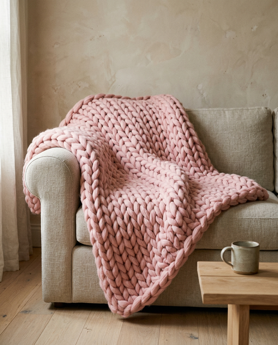Merino Roving Oversized Chunky Knit Throw Blanket styled in a modern home interior