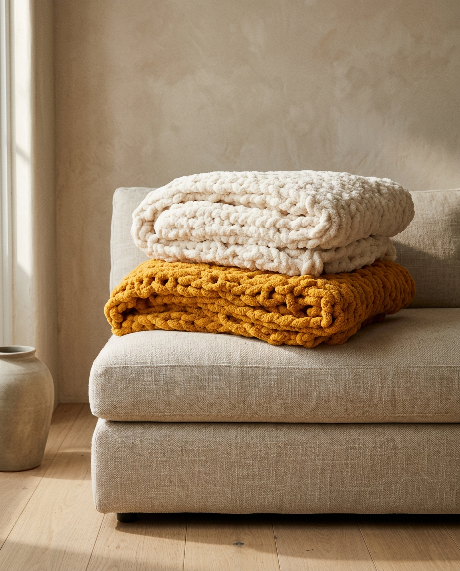 Hand Oversized Chunky Knit Throw Blanket styled in a modern home interior