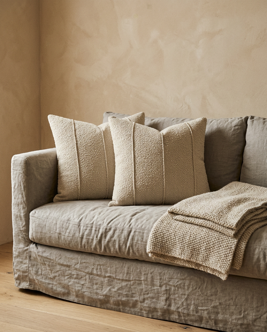 18x18 Textured Boucle Cushion Cover styled in a modern home interior