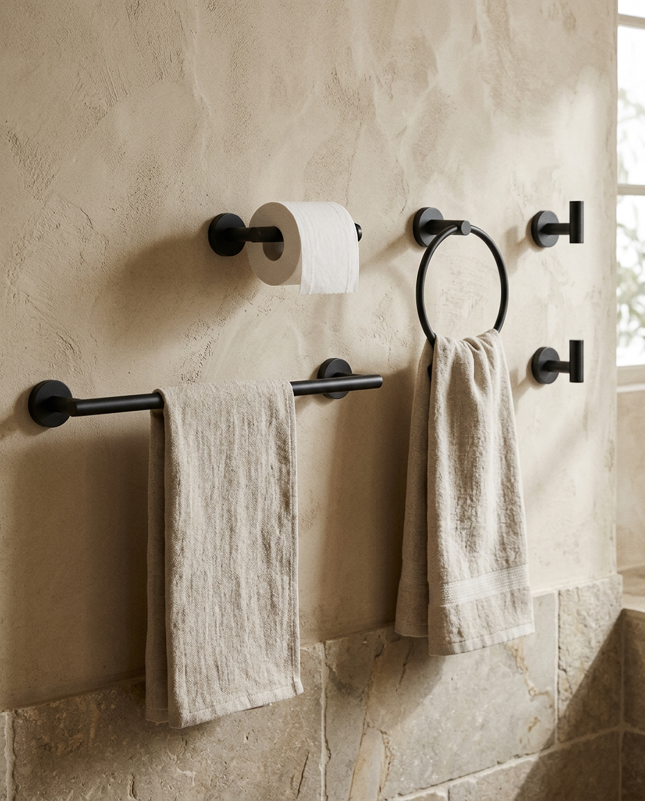 5pc Rust Resistant Matte Black Towel Bar Set styled in a modern home interior