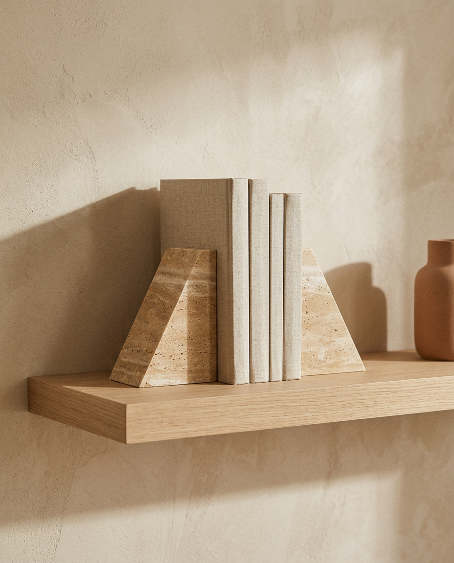 Geometric Travertine Stone Bookends styled in a modern home interior