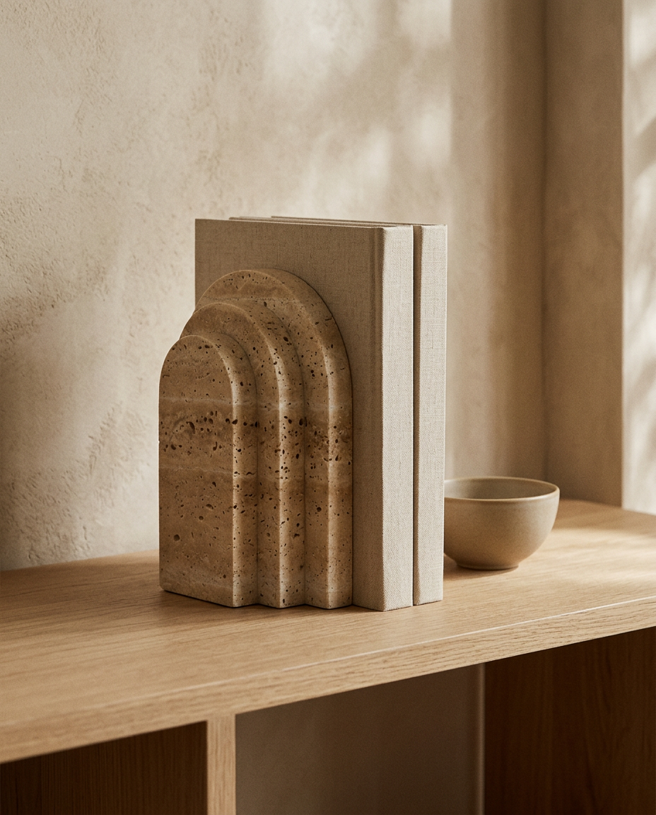 Arch Bookend Travertine Stone Bookends styled in a modern home interior