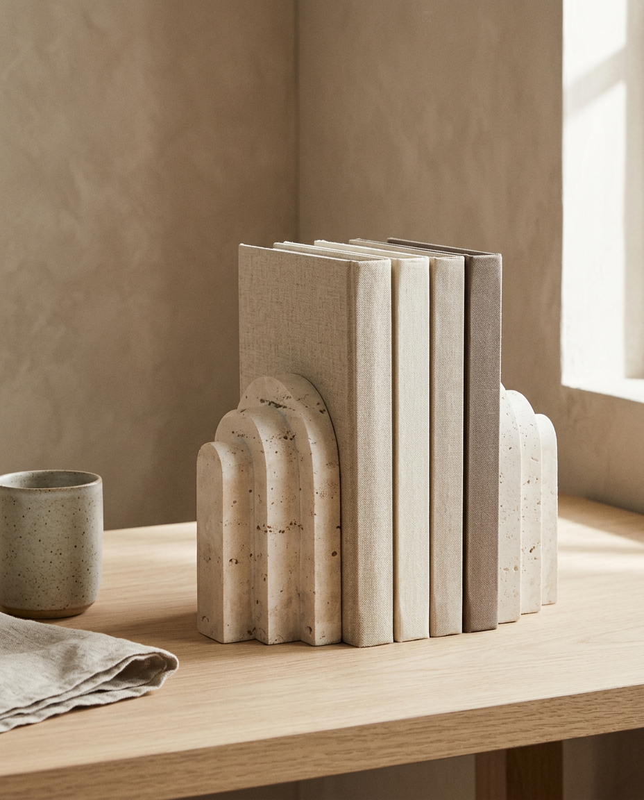 Weighted Stone Bookends styled in a modern home interior