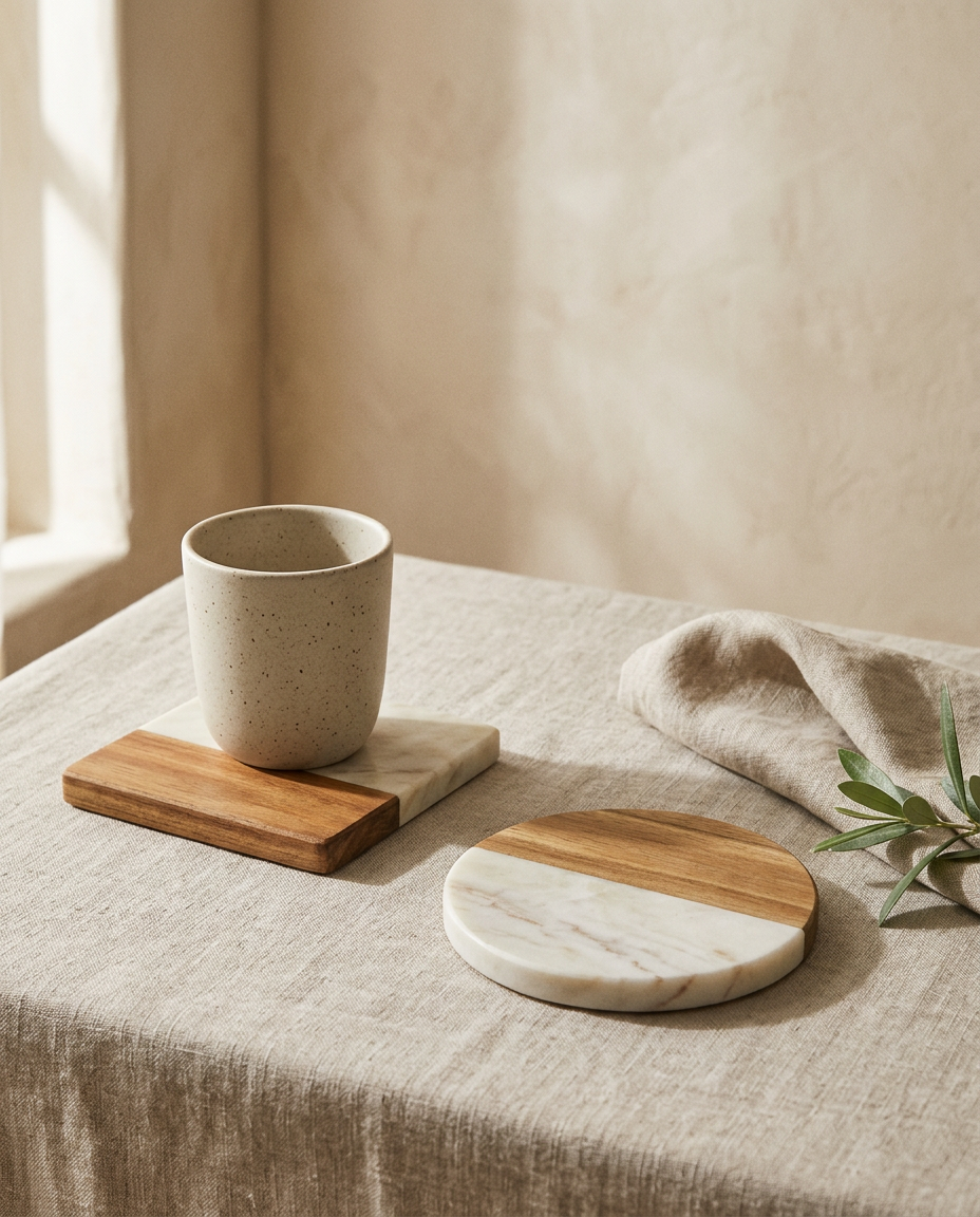 Wood Cork Absorbent Stone Coaster Set styled in a modern home interior