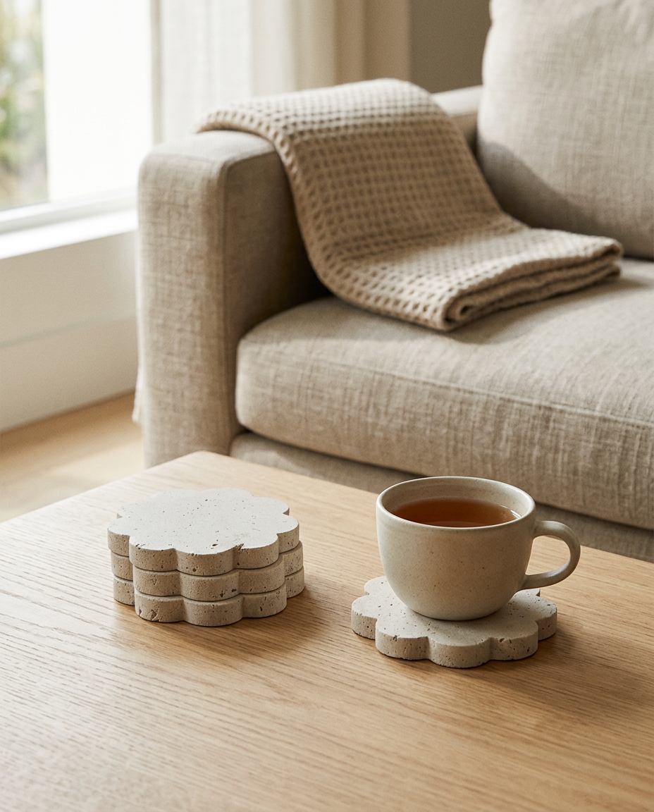 White Absorbent Stone Coaster Set styled in a modern home interior