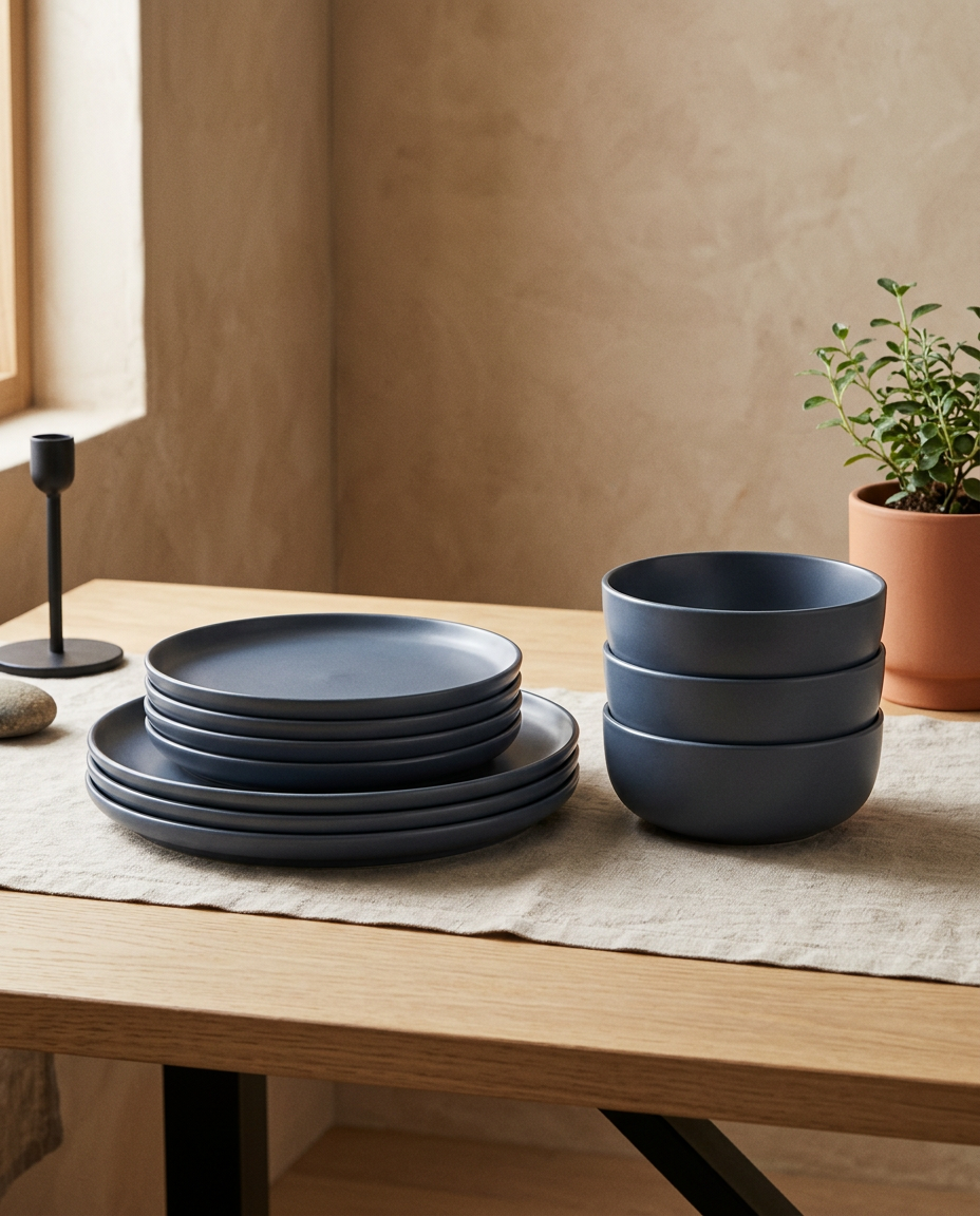 Stoneware plate and bowl set, empty and stacked on linen on a white oak table