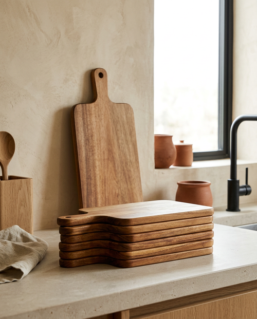 Set of acacia cutting boards, bare and stacked on a stone worktop
