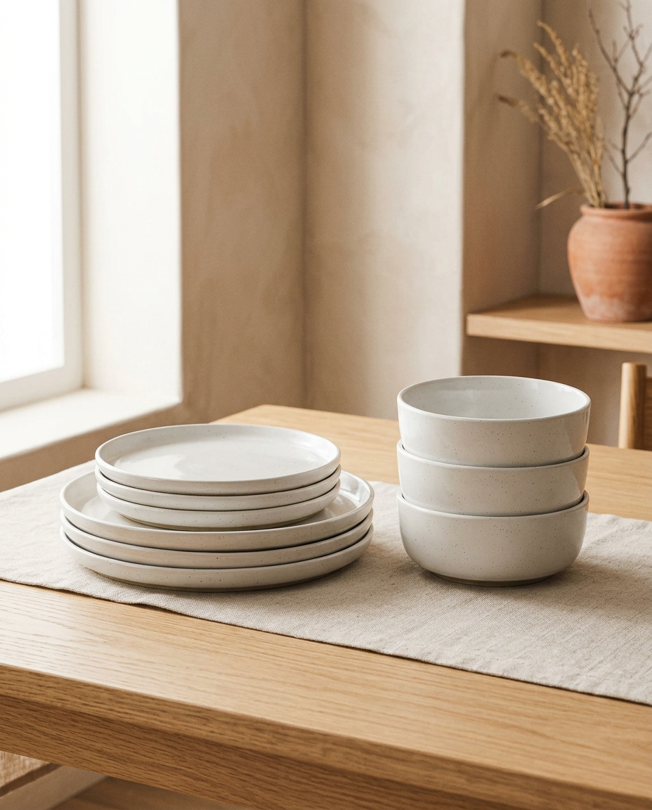 Off white speckled stoneware dinnerware set, empty plates and bowls stacked on linen on a white oak table