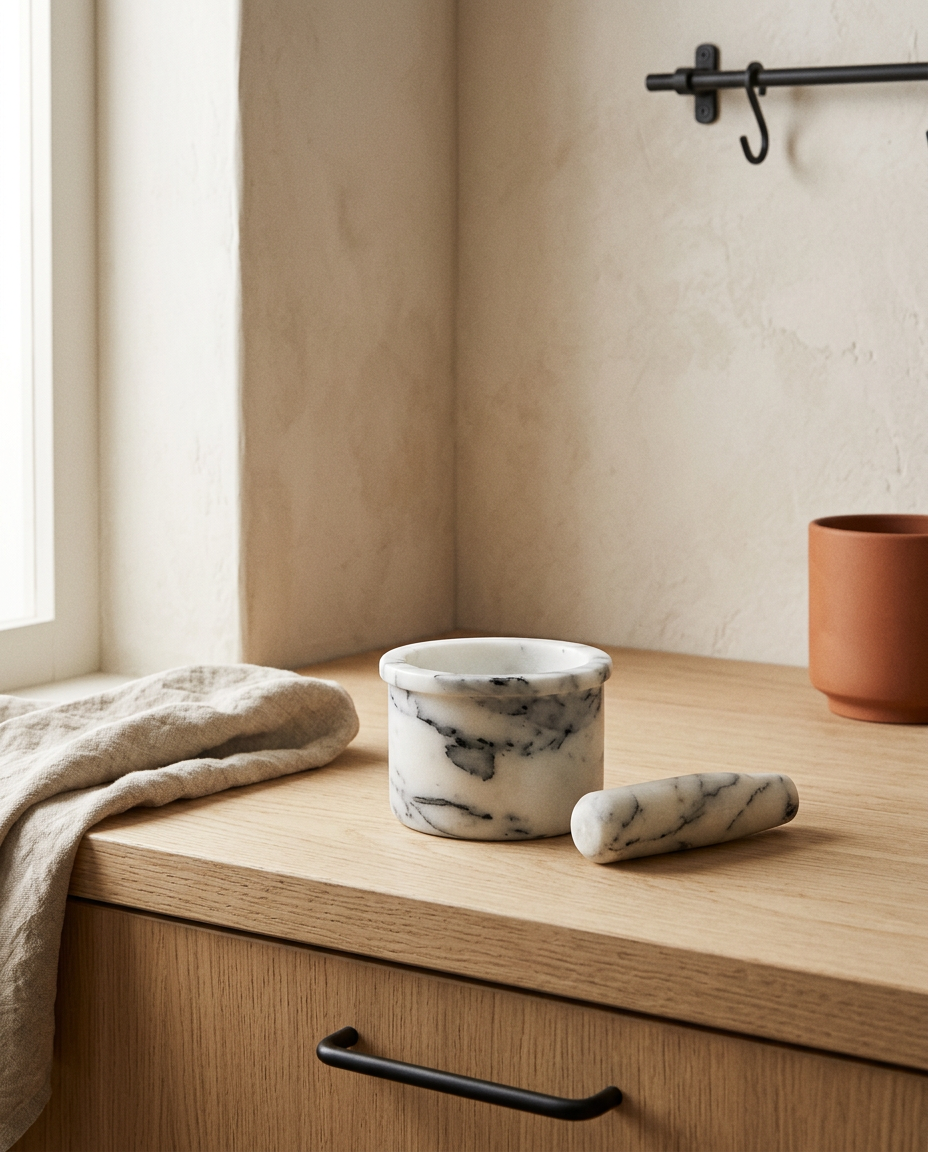 Natural marble grinding bowl and matching grinding stone, empty and clean, on a white oak worktop