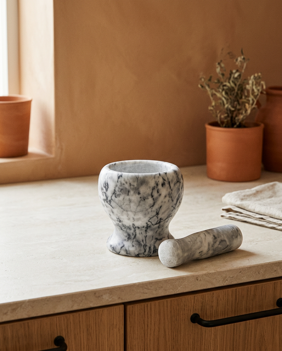 Dense stone grinding bowl and matching grinding stone, empty and clean, on a stone worktop