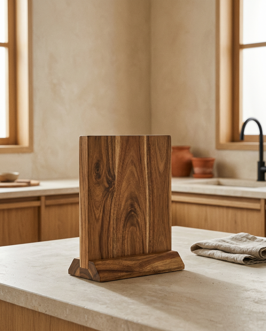Acacia countertop magnetic storage block, empty, on a stone worktop