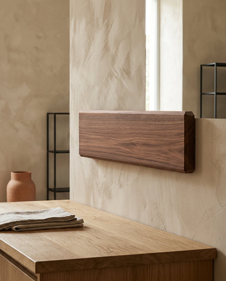 Double row walnut wall mounted magnetic storage bar, empty, on a plaster kitchen wall