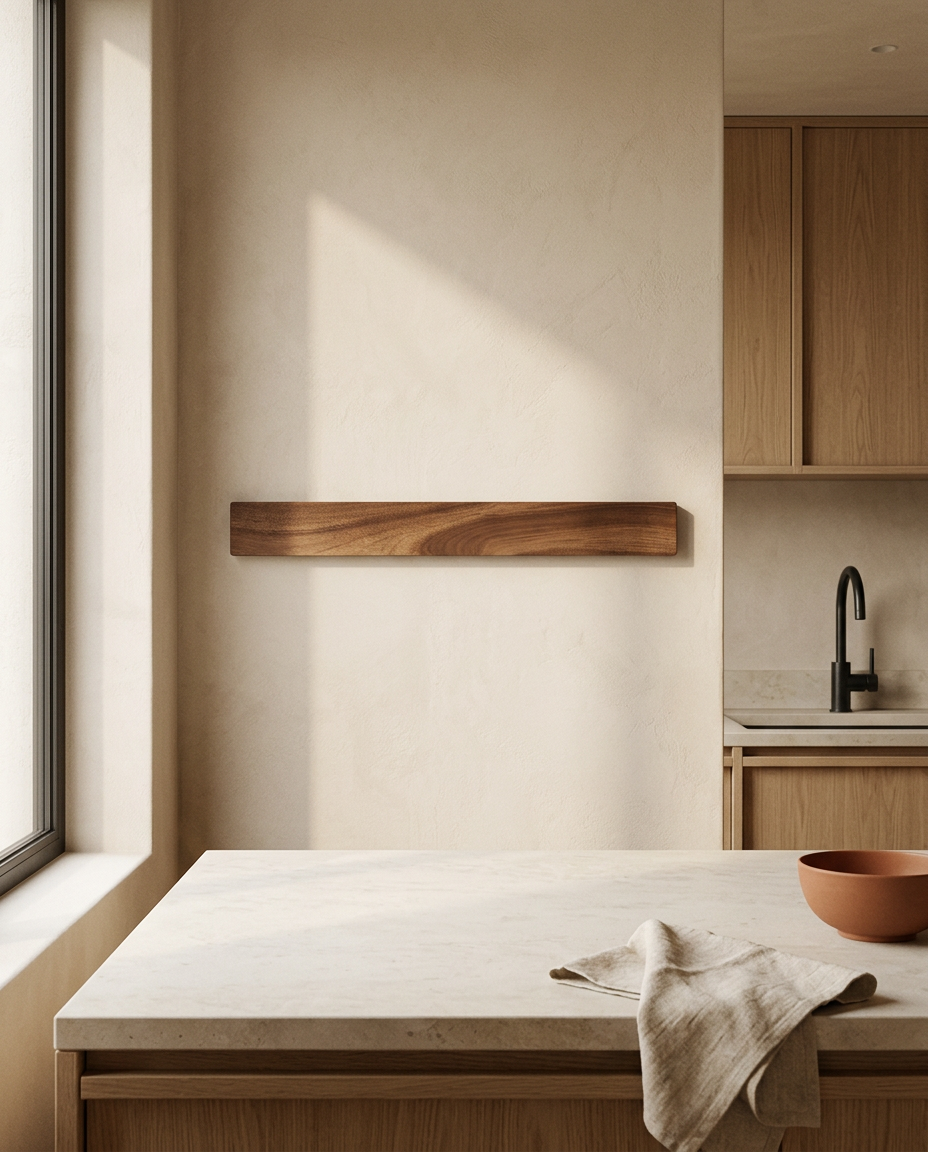 Slim walnut wall mounted magnetic storage strip, empty, on a plaster kitchen wall