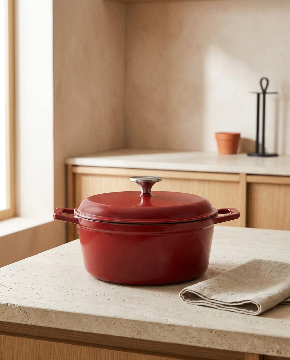 Enamelled cast iron casserole pot with lid on, clean and empty, on a stone worktop