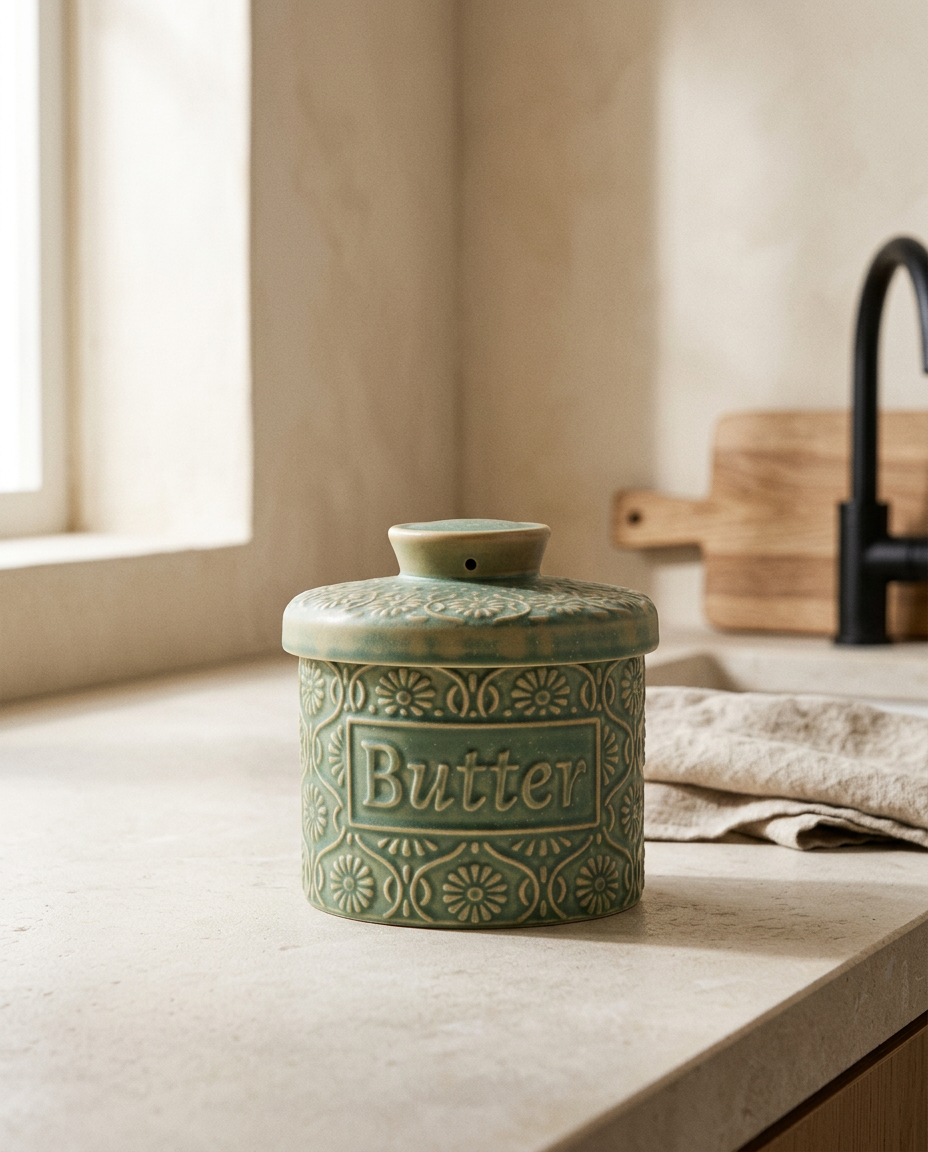 Porcelain butter crock, closed and empty, on a stone worktop