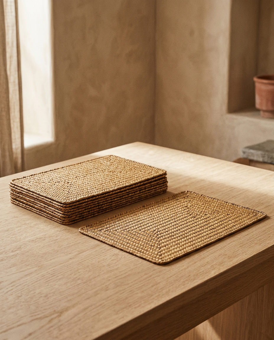 Rectangular woven seagrass placemats stacked bare on a white oak dining table