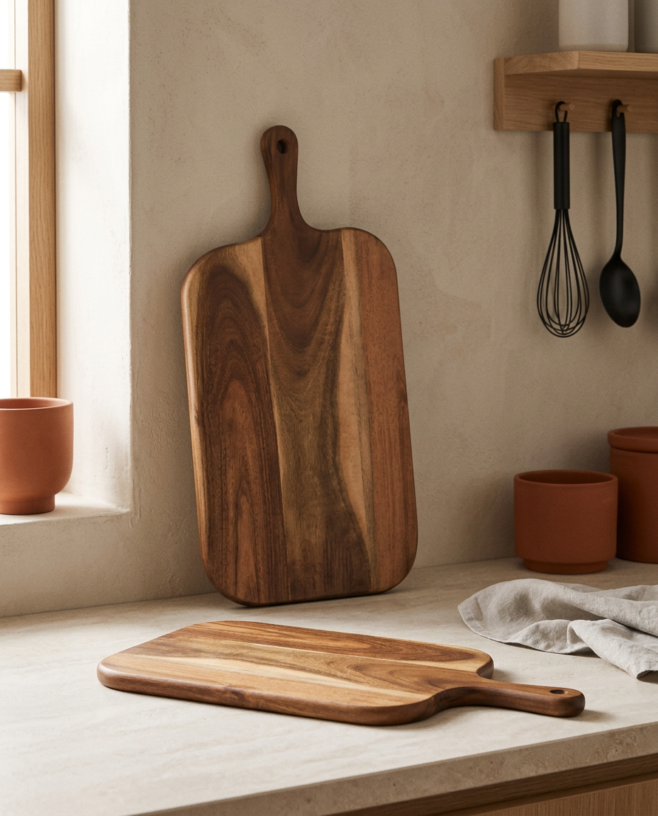 Two acacia serving boards with handles, both bare, on a stone worktop