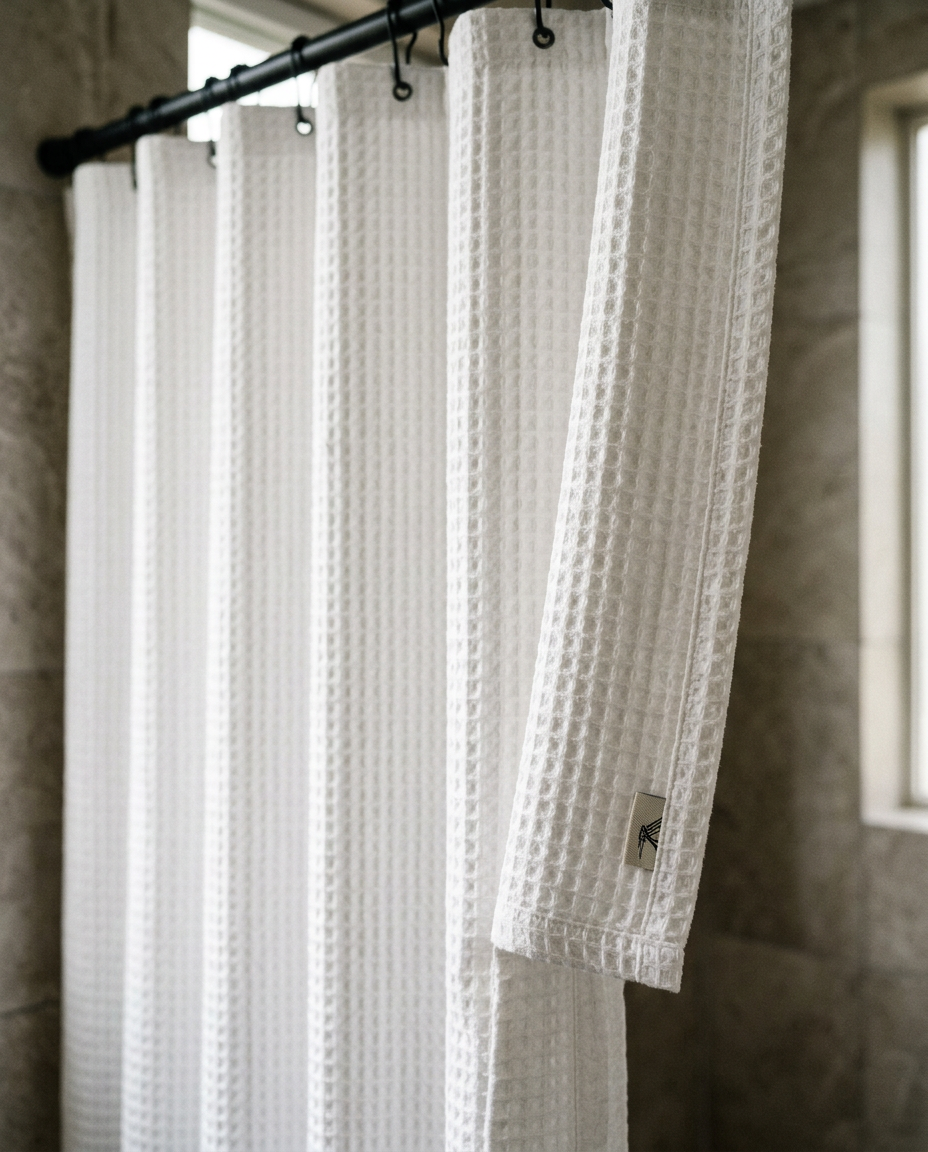 Waffle shower curtain 256GSM white heavy, close detail showing material and finish