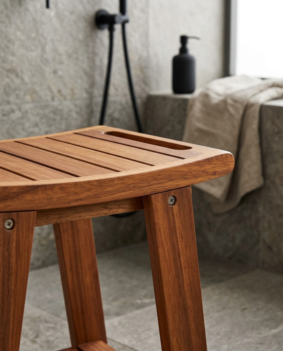 Teak shower stool 14in shelf and towel bar, close detail showing material and finish