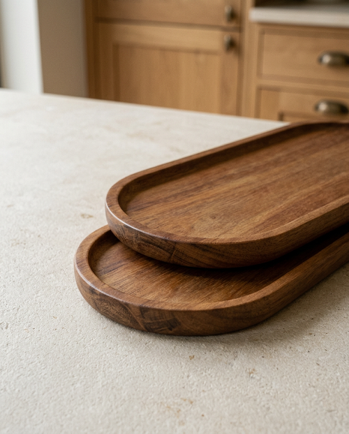 Acacia oval serving trays 11in 6pc, close detail showing material and finish