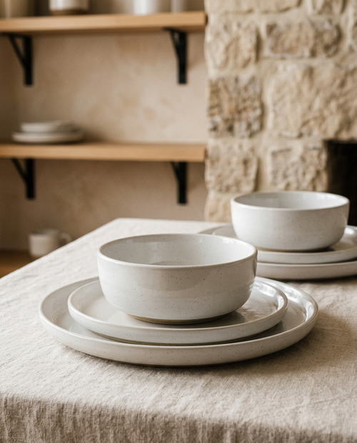 Off white speckled stoneware 12pc service for 4, close detail showing material and finish
