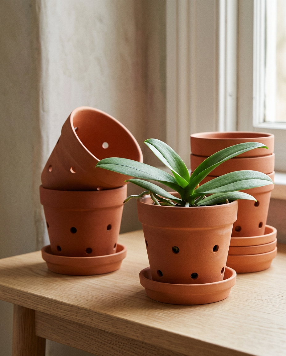 Terracotta orchid pots with saucers 6pc, close detail showing material and finish