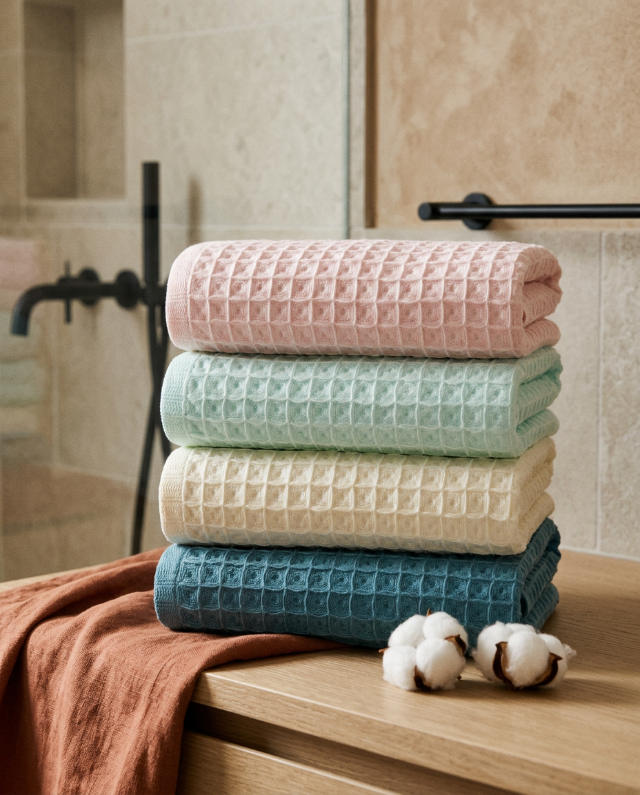 Oversize cotton waffle bath towels, close detail showing material and finish
