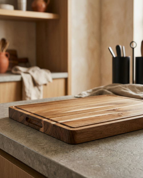 Acacia board 1.5in thick juice groove, close detail showing material and finish