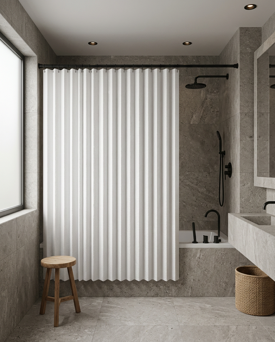 Waffle shower curtain 256GSM white heavy, shown in a room setting for scale