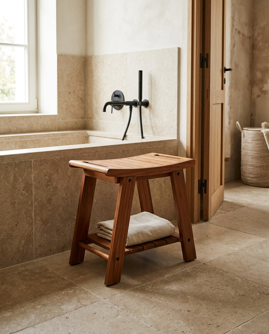 Teak shower stool 14in shelf and towel bar, shown in a room setting for scale
