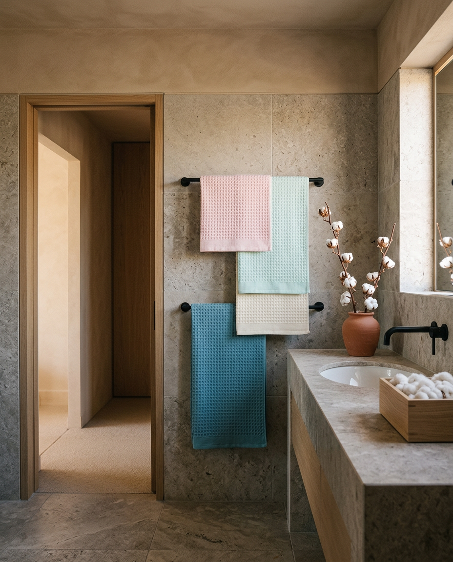 Oversize cotton waffle bath towels, shown in a room setting for scale