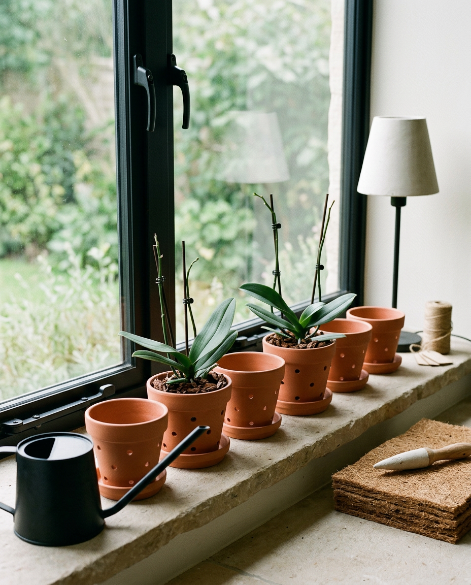 Terracotta orchid pots with saucers 6pc, shown in a room setting for scale